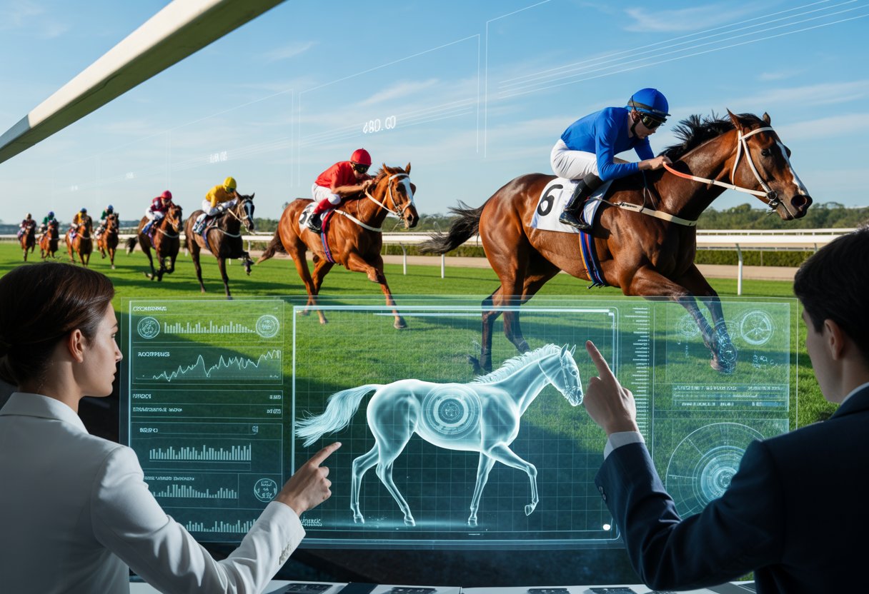 A group of professionals analyzing horse racing data on a transparent digital interface while horses race on a track in the background.