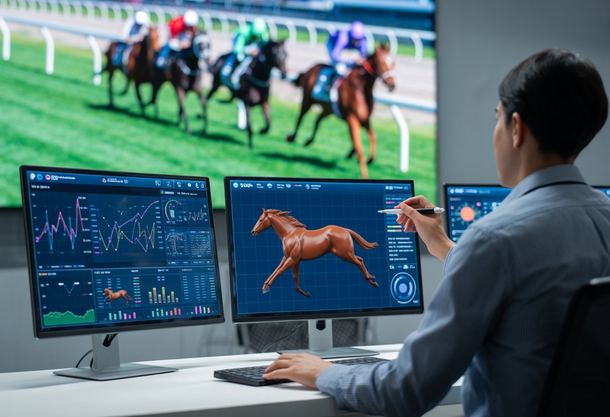 A person analyzing horse racing data on multiple computer screens with a digital horse image and a horse race track in the background.