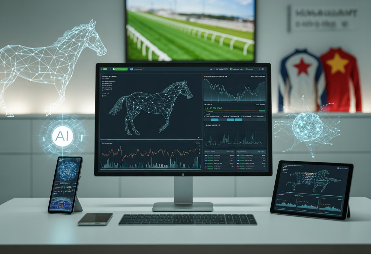 A workspace with a computer showing data and digital graphics related to horse racing predictions, including a digital horse figure and futuristic technology elements.